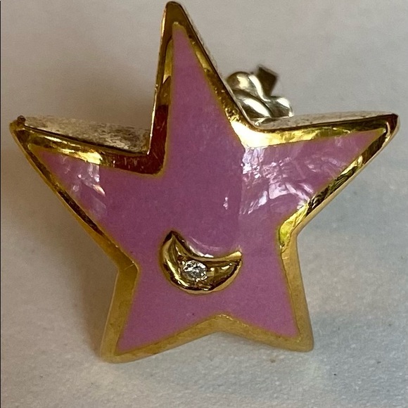 Solid 18KT Yellow Gold with Enamel Star Swiss earrings with Diamond Moons - Picture 5 of 9